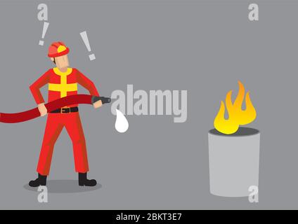 Un pompier de dessin animé debout devant un faux feu, choqué que son tuyau n'ait pas d'eau. Illustration vectorielle créative sur une situation d'échec comique épique Illustration de Vecteur
