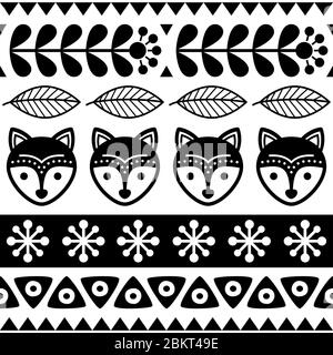 Motif scandinave sans couture Vector folk Art - motif floral monochrome finlandais avec renards, style nordique fond répétitif Vector avec fleurs Illustration de Vecteur