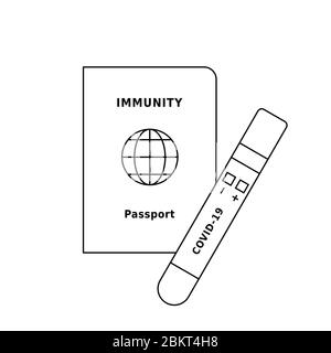 Passeport d'immunité et tube à essai du coronavirus. Tests pour COVID-19 aux frontières nationales. Une preuve qu'une personne n'est pas infectée. Icône de ligne noire sur blanc Illustration de Vecteur