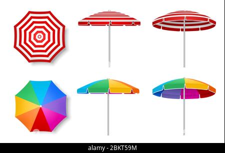 ensemble de parasols de plage isolés. Vue de dessus et de côté Banque D'Images