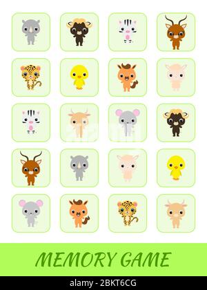 Les cartes clipart modèle de jeu trouver deux mêmes images. Jeu de mémoire pour les enfants. Feuille de travail développement de l'éducation. Formation à la pensée logique. Illustration de Vecteur