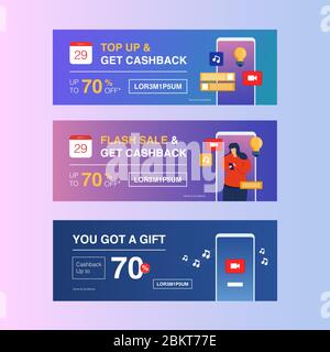 Modèle Dynamic Modern Fluid Mobile pour la vente de bons d'achat. Obtenir coupon réduction solde modèle de bannière conception. Ensemble de cartes-cadeaux gratuit. Couleurs fantaisie et glu frais Illustration de Vecteur