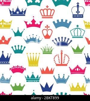 Le motif rétro sans couture des couleurs s'couronne sur fond blanc. Imprimé de couronnement sans couture. Illustration de Vecteur