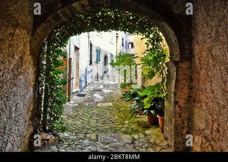 Une rue étroite entre les vieilles maisons de Patrica, une ville médiévale italienne. Banque D'Images