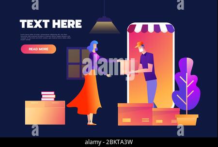 Achats en ligne sur Internet à l'aide d'un smartphone mobile. Illustration vectorielle de concept de livraison rapide dans un design plat. Le service de messagerie reste dans la porte du magasin qui Illustration de Vecteur