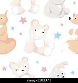 Motif sans couture avec jouets pour animaux de forêt sur fond blanc pour produits pour bébés Illustration de Vecteur