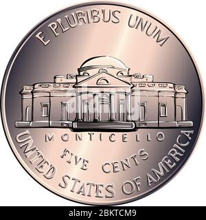 Inverse de Jefferson nickel, argent américain, USA cinq cents pièce, le troisième président américain Thomas Jefferson sur l'inverse et sa maison Monticello sur l'inverse Illustration de Vecteur