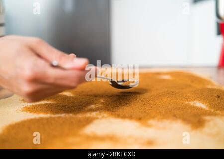 Femme préparant un rouleau de dessert à la cannelle. Ajouter la cannelle et le sucre avec une cuillère sur une couche de pâte au beurre. Petits pains à la cannelle faits maison Banque D'Images