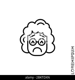 Triste et dans une mauvaise humeur Emoticon fille, femme icône vecteur Illustration. Style de contour. Déprimé, triste, stressé émotiji vecteur d'icône, émotion, triste symbole. M Illustration de Vecteur