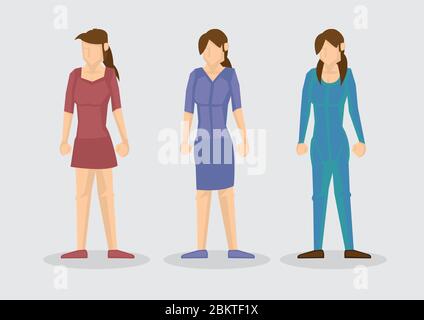 Illustration vectorielle de trois personnages de jeunes femmes sans visage dans différentes tenues isolées sur fond Uni. Illustration de Vecteur