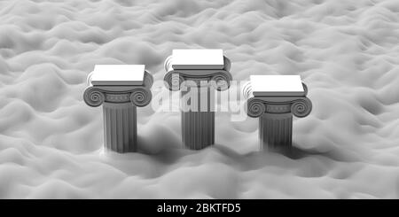 Piédestal dans le ciel au-dessus des nuages. Trois colonnes en pierre classiques ioniques sur fond de paysage nuageux. Victoire, gagner concept. illustration 3d Banque D'Images