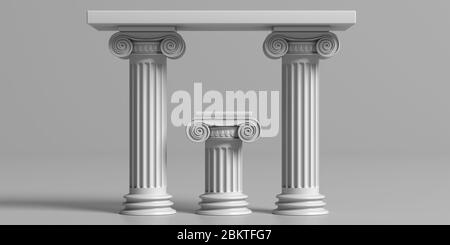 Table d'autel grecque ancienne avec colonnes en marbre, sur fond gris. Vue avant. illustration 3d Banque D'Images