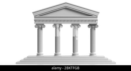 Façade du temple grec antique avec quatre colonnes en marbre, fronton et escaliers isolés sur fond blanc. Autorité, cour, bâtiment d'éducation. 3d illus Banque D'Images