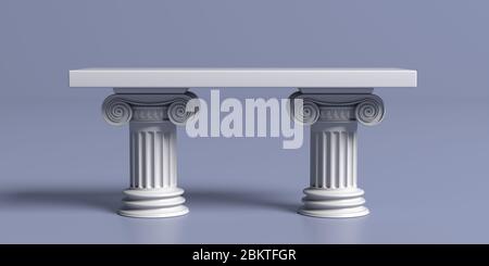 Table en marbre avec colonnes, classique grec ancien sur fond bleu. Modèle vide pour la présentation du produit. illustration 3d Banque D'Images