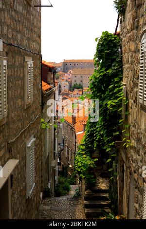 Vue sur un escalier en colimaçon depuis les murs du château de la vieille ville de Dubrovnik, Croatie, le 1er septembre 2019. Banque D'Images
