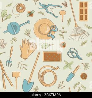 Vue de dessus ensemble de motifs sans couture pour icône de jardinage. Collection d'outils horticoles utiles, bêche, chapeau, etc Illustration de Vecteur