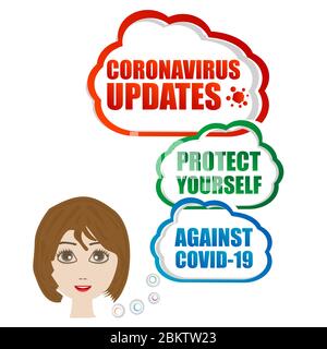 Mises à jour de virus Corona. Protégez-vous. La tête de femme et la bulle de la parole. Nuage de mots sur le thème coronavirus. Coronavirus contre COVID-19 Banque D'Images