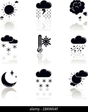 Clarté du ciel et ombre portée des précipitations ensemble d'icônes de glyphe noir Illustration de Vecteur