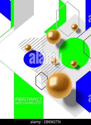 Arrière-plan vectoriel abstrait chaotique avec primitives géométriques, sphères dorées, arrière-plan de conception tendance Illustration de Vecteur