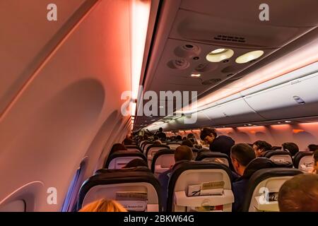 Agent de bord servant des passagers sur un vol de décembre à bord d'un Boeing 737-900ER de Chicago à Seattle, États-Unis [pas de modèle ou autorisation de l'établissement; disponible f Banque D'Images