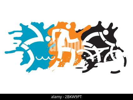 Trois coureurs de triathlon. Dynamique expressive dessinant trois athlètes de triathlon sur fond de grunge. Vecteur disponible. Illustration de Vecteur