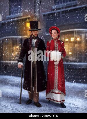 Couple victorien, homme romantique et femme dans le style Jane Austen mode, en hiver marchant ensemble sur une rue de ville, Noël, rendu 3d. Banque D'Images