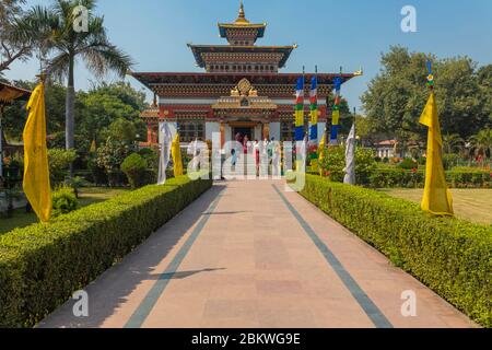 Temple bouddhiste bhoutanais, Bodh Gaya, Bihar, Inde Banque D'Images