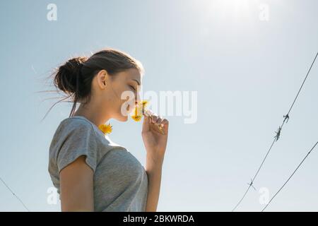 Photo ensoleillée du printemps de la belle fille brune en t-shirt gris qui renifle la fleur jaune de pissenlit Banque D'Images