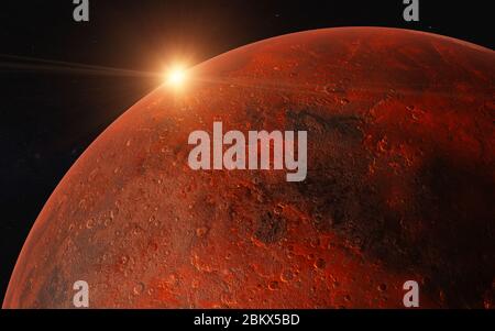 Lever de soleil sur la planète Mars du système solaire de près. Illustration de rendu 3D. Des éléments d'image ont été fournis par la NASA. Banque D'Images