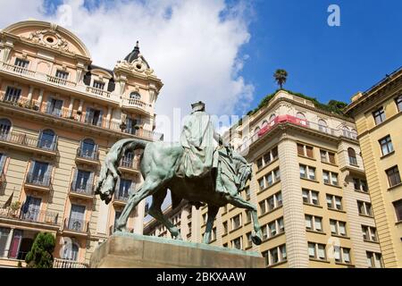 Statue de Ramon Berenguer dans le quartier Gotic de Barri, Barcelone, Catalogne, Espagne, Europe Banque D'Images