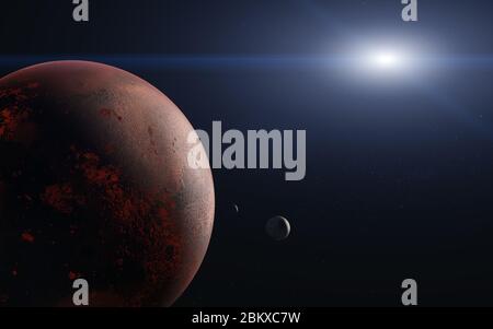 Planète Mars de Solar sysrem et ses lunes de près. illustration de rendu 3d. Éléments de cette image fournis par la NASA. Banque D'Images