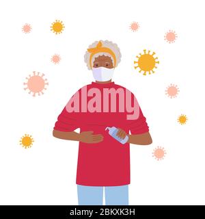 La grand-mère masquée utilise un assainisseur, arrêter la pandémie, personnage ancien de dessin animé. Coronavirus dans l'air, sauve la santé, concept contre le covid 19. Illustration vectorielle isolée Illustration de Vecteur