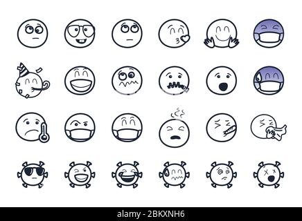 Motif de jeu d'icônes de type ligne coronavirus et emojis, émoticône et thème de médias sociaux illustration vectorielle Illustration de Vecteur