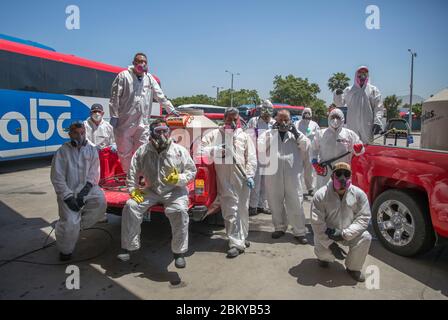 Tijuana, Mexique. 02e mai 2020. Les membres du groupe « Covid Busters » se tiennent en costumes de protection à côté des voitures avec lesquelles ils traversent la ville et prennent des mesures de désinfection contre la propagation de Covid-19. Le groupe a pris le nom de 'Ghostbusters' dans les films américains et prévoit de désinfecter les lieux de la ville bordant les États-Unis où de nombreuses personnes se rassemblent. Les hommes ne prennent pas d'argent pour ce travail. Ce sont des citoyens, des amis et des pères de famille qui font ce service par amour et soin de leur ville, comme ils écrivent sur Facebook. Crédit : Omar Martínez/dpa/Alay Live News Banque D'Images