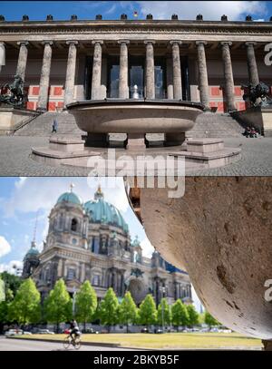 Berlin, Allemagne. 05e mai 2020. La combinaison de deux parties montre le grand bol en granit avec des trous de balle dans le jardin de plaisir en face du musée Altes. Le 8 mai marque le 75e anniversaire de la fin de la Seconde Guerre mondiale et de la libération du national-socialisme. (À la série de photos '75 ans fin de guerre - traces à Berlin') Credit: Kay Nietfeld/dpa/Alamy Live News Banque D'Images