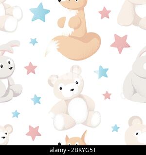 Motif sans couture avec jouets pour animaux de forêt sur fond blanc pour produits pour bébés Illustration de Vecteur