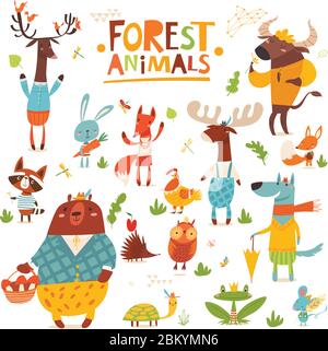 Dessin animé vectoriel animaux sauvages de forêt personnages drôles dans le style plat Illustration de Vecteur