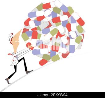 Drôle de docteur roule en descendant une grosse pile de pilules concept illustration. Le médecin souriant descend une grosse pile de pilules isolées sur blanc Illustration de Vecteur