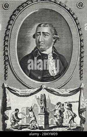 CHARLES JAKES FOX (1749-1806) homme d'État de Whig. En dessous de son portrait se trouvent des figures qui se moquent de son soutien à la Révolution française et à la réforme sociale. Banque D'Images