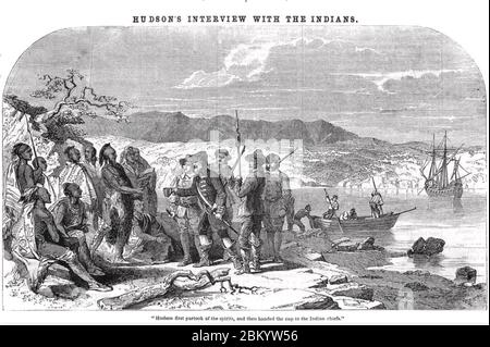 HENRY HUDSON c 1565-1611) l'explorateur anglais rencontre les Américains autochtones sur la rivière, plus tard nommés d'après lui. Banque D'Images