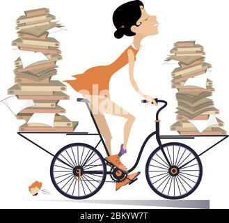 La jeune femme porte des papiers ou des livres par illustration de vélo. Une femme souriante avec des piles de documents ou de livres se déplace sur le vélo isolé sur blanc Illustration de Vecteur