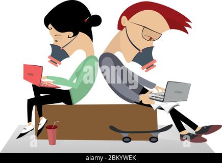 Deux adolescents dans les masques protecteurs assis dos à dos et communiquent par Internet en utilisant des ordinateurs portables isolés sur blanc Illustration de Vecteur
