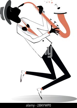 Illustration saxophoniste afro-américaine. Le saxophoniste afro-américain joue de la musique avec une grande inspiration isolée sur le blanc Illustration de Vecteur