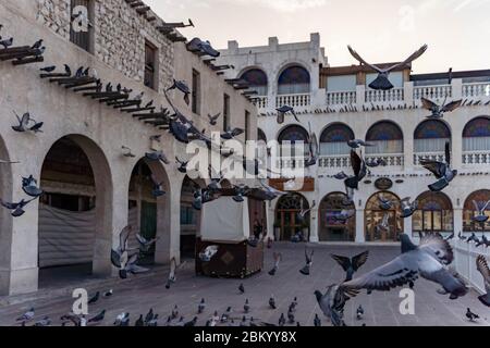 Pigeons dans une place vide du Souq Waqif au Qatar, après que les autorités aient imposé des mesures restrictives pour aider à faire la courbe de la propagation du nouveau coronavirus Banque D'Images