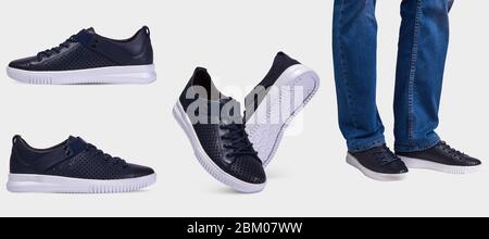 Sneakers en cuir d'été bleu pour homme avec perforations et semelle blanche. Chaussures de sport pour Homme. Style sport. Isolé sur un fond blanc. Banque D'Images