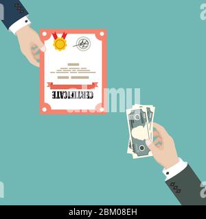Diplôme d’achat des mains de l’homme. Corruption scolaire. Illustration vectorielle plate Illustration de Vecteur