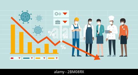 Impact sur l'emploi du coronavirus Covid-19: Crise financière et chômage, les travailleurs se tenant à côté d'un graphique financier montrant la récession économique Illustration de Vecteur