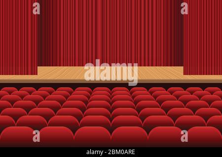 Salle de théâtre avec rangées de sièges rouges, scène en bois et illustration vectorielle de rideau en velours rouge Illustration de Vecteur