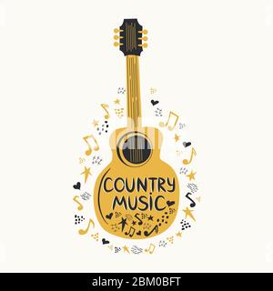 Guitare acoustique entourée de notes, l'inscription Love Music, Country Music. Country Cowboy Music Festival Creative Event Live Event Poster concept Illustration de Vecteur