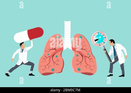 Médecin inspectant le patient affecté sur le poumon par une loupe. Endommagé par les cellules du coronavirus. COVID-19 avec visage effrayant et mal mangeant des poumons. 2019-nCoV c Illustration de Vecteur